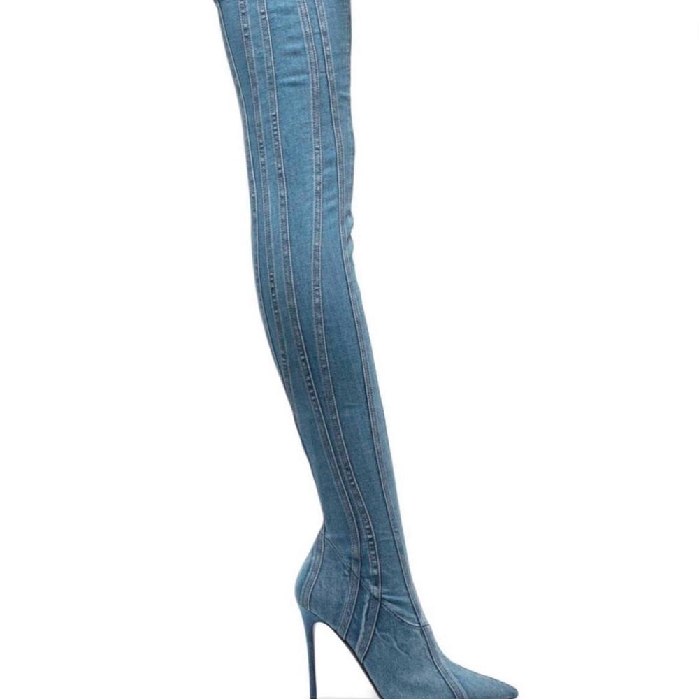Blue Over the Knee Boots with Stiletto Heel and Pointed Toe